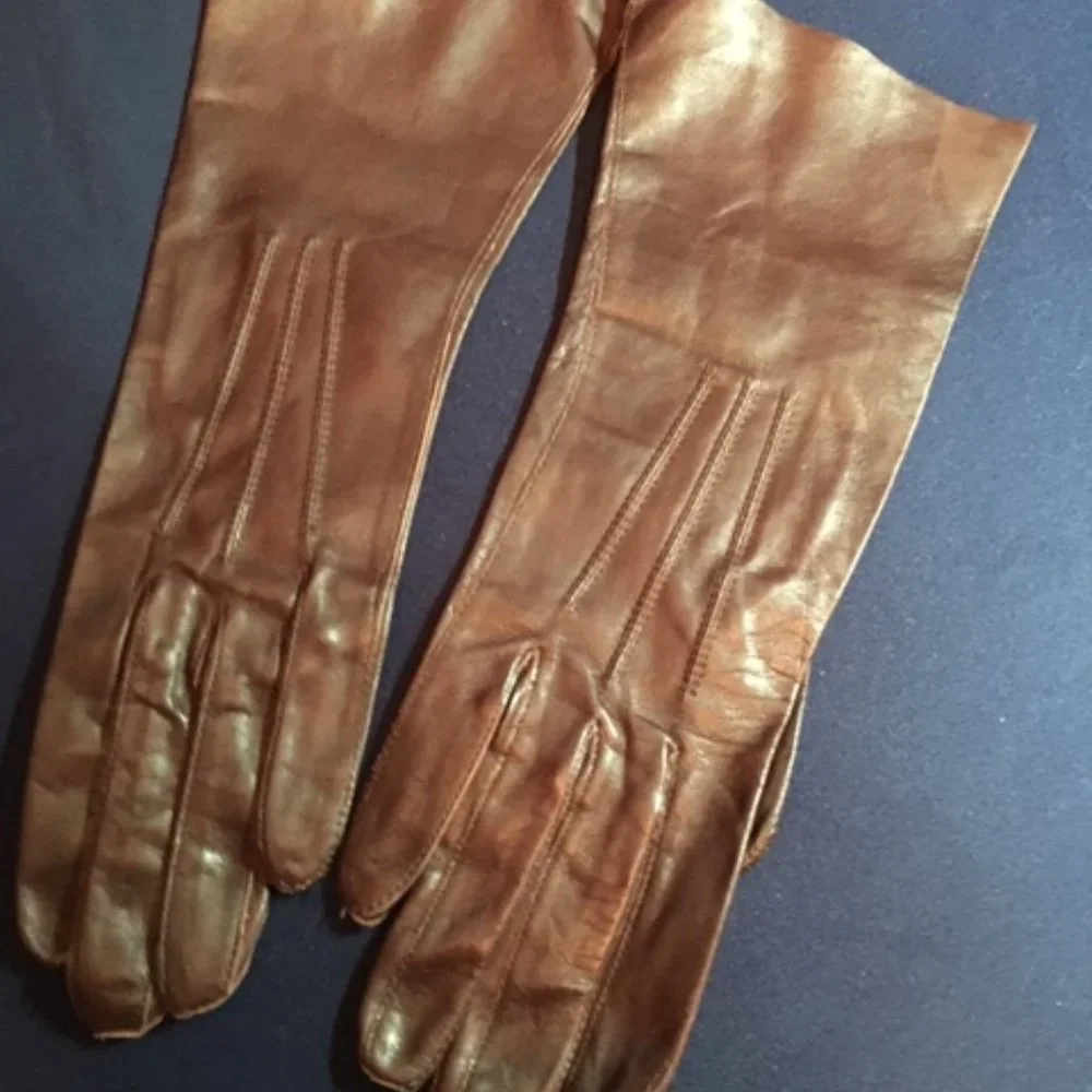 Vintage Dark Brown Leather Thin Dressy Gloves XS 6.5 Petite